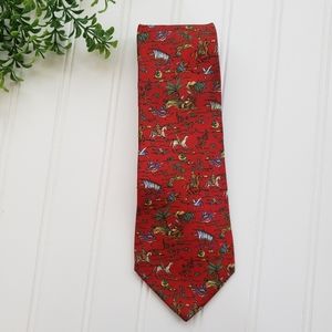 Salvatore Ferragamo 100% Silk Tie Red Men on Horse Birds Trees Boat Archer Scene